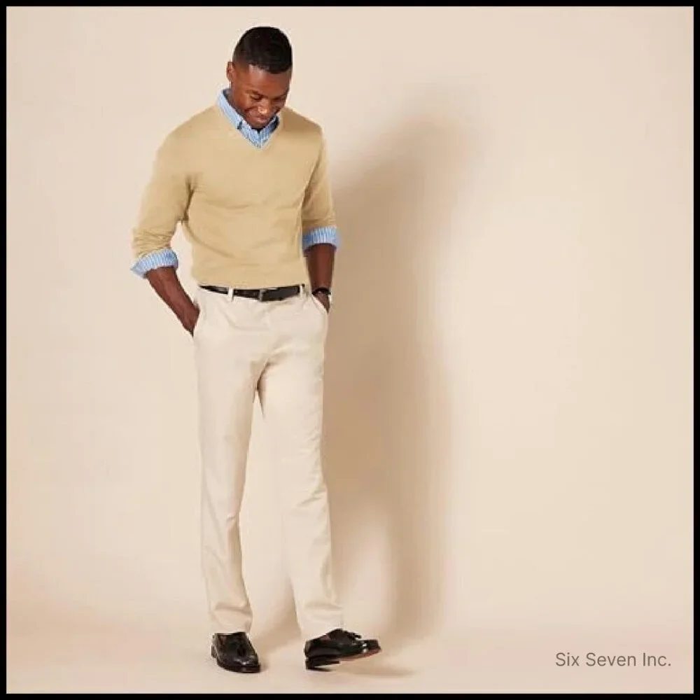 Men's V-Neck Pullover Sweater Classic Cotton Ribbed Collar Lightweight Layering